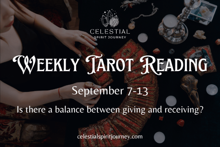 Weekly tarot reading spread with brass scales holding coins on one side and a folded note on the other