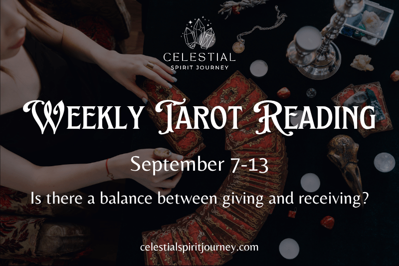 Weekly tarot reading spread with brass scales holding coins on one side and a folded note on the other