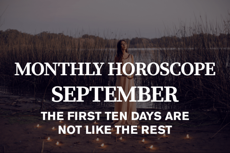 September 2026 horoscope flat lay with a handwritten planner, brass pendulum and dried wheat